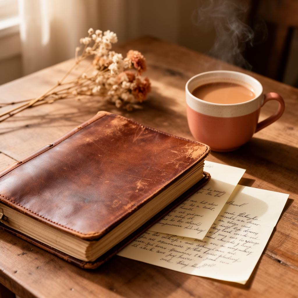 A bound book and handwritten letters on a wooden table
