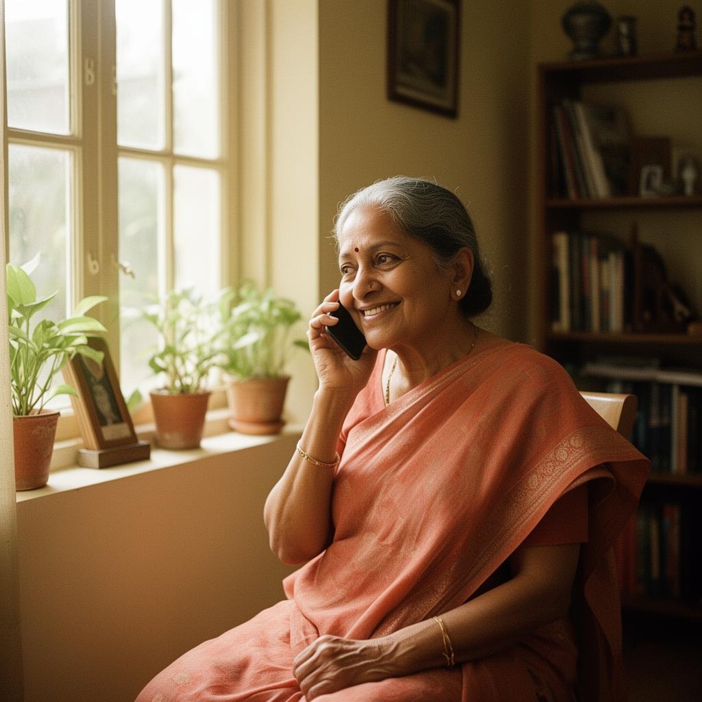 A grandmother by a sunlit window, smiling on a phone call